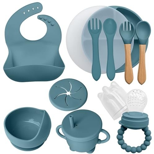 AYBABY Coffret Repas en Silicone pour Bébé (10 pièces) – Assiette & Bol Antidérapants avec Ventouse/Couverts (Fourchette et Cuillère) / Tasse Hermétique/Bavoir & Grignoteuse – Cadeau Naissance (bleu)