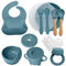 AYBABY Coffret Repas en Silicone pour Bébé (10 pièces) – Assiette & Bol Antidérapants avec Ventouse/Couverts (Fourchette et Cuillère) / Tasse Hermétique/Bavoir & Grignoteuse – Cadeau Naissance (bleu)