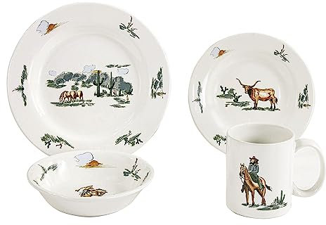 Paseo Road by HiEnd Accents | Ranch Life 16 Piece Ceramic Western Dinnerware Set with Plates, Bowls, Coffee Mugs, Duffle Bag, Cow Longhorn Horse Cowboy Pattern, Southwestern Rustic Cabin Lodge Style