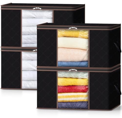 Lifewit 4 Stück Groß Aufbewahrungsbox mit Deckel, Aufbewahrungstasche für Bettdecken Kleidung Aufbewahrung Schrank Kleiderschrank Organizer, faltbare Umzugskartons für Decken Kleider, Schwarz