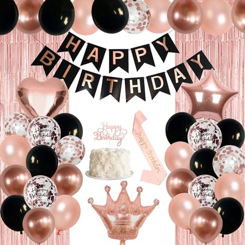 Jobkoo Rose Gold Birthday Decorations for Women Black Rosegold Birthday Party Balloons Rosegold Happy Bithday Banner Sash Cake Topper Fringe Curtain Foil Balloon for Girls Birthday Party Supplies