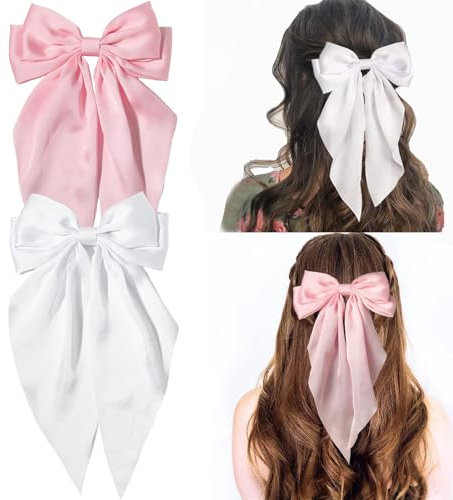 Kinretixia® 2 Stück Haarschleifen-Clips für Frauen, große Satin-Haarschleifen, langer Schwanz, Krokodilklemmen, große Haarschleife, Mädchen-Haar Rosa/Weiß
