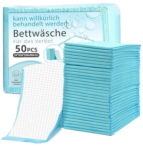 Wegwerf-Bettpads für Inkontinenz 50 Stück 60x90cm 5-lagig,90g/Stück,SAP 6g Betteinlagen Inkontinenz Einweg Erwachsenen, Heavy Duty Bettpads Inkontinenz, Einweg-Wickelunterlagen