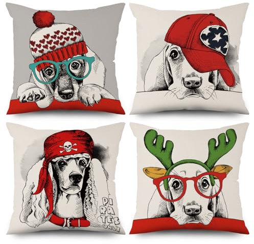 ASDCXZ Kinder Kissenbezug 50x50 cm 4er Set, Niedlich Tier Rot Hut Hirschgeweih Hund Sofa Dekokissen Kissenbezüge Kissenhülle Waschbar Polyester Flachs Textil Outdoor Kopfkissenbezug Kissen Bezug