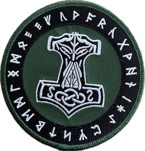 Thors Hammer im Runenkreis grün Aufnäher,gestickter Mjölnir Patch zum annähen/aufbügeln | Wikinger Thor-Hammer