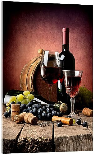 Posterlounge Vin rouge avec des raisins et des bouchons de liège Tableau en verre acrylique 40 x 60 cm Tableaux Décoration murale