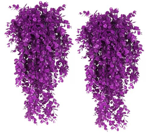 RECUTMS Artificial Hanging Plants 4Pcs Faux Eucalyptus Leaves Fake Plant Indoor Outdoor Home Decor Faux Greenery for House Room Garden Wall Patio Office Shelf Eucalyptus Decoration(Pure Fuchsia)