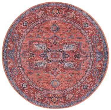 RugVista Georgia Oriental Teppich, Ø 120 cm, Rot/Blau | Orientalische, Rund, Mittlerer Stapel, Maschinenwäsche, Oeko-Tex 100, Wohnzimmer, Schlafzimmer, Diele