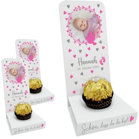 Aufsteller für Gastgeschenke personalisiert mit Wunschtext, Wunschnamen, Foto - Gastgeschenke Verpackung - Taufe, Kommunion, Hochzeit - Individuelle Schachteln - 20er SET (rosa Herzen)