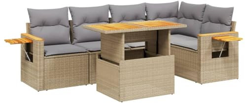 vidaXL Garten Sofagarnitur mit Kissen 6-TLG., Gartenmöbel Gartengarnitur, Sitzgruppe Sitzgarnitur, Lounge Sofa Garnitur Terrasse, Beige Poly Rattan