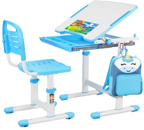 Clevich Kinderschreibtisch Höhenverstellbar, Kinder Schreibtisch und Stuhl Set mit Haken, Multifunktional Schülerschreibtisch Neigbare Tischplatte von 0-40°Schreibtisch Kinder für Zeichnen (Blau)