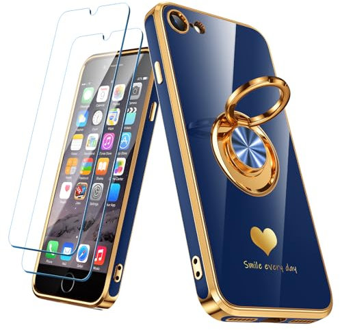 Nonional Compatible for iPhone 6 / 6s Case with 2 Pack Screen Protector, 360° Rotatable Ring Holder [Luxury Hearts Pattern] Plating Gold Edge Slim Soft Phone Case for iPhone 6 / 6s - Blue