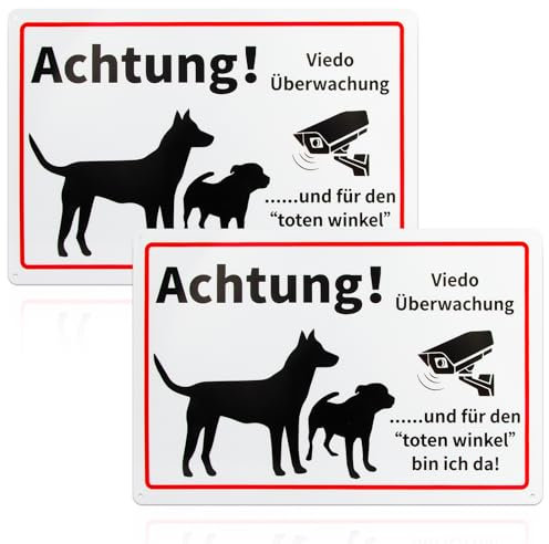 2 Stück Achtung Hund Schild, vorsicht hund schild, Achtung Videoüberwachung Schild, 30 * 20cm Aluminium Schilder, mit Selbstklebend und 4 Bohrlöcher (Achtung Hund Schild)