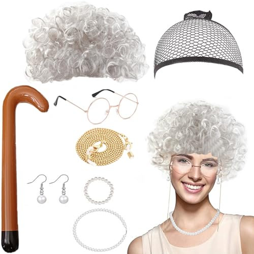 8 Stück Oma Perücke Kostüm Set, Oma Perücke Oma Brille Perücke Halskette Kostüm Accessoires Für 70er 80er 90er Oma Cosplay Zubehör Alte Dame Cosplay Set Halsketten Armband Perlenkette für Karneval