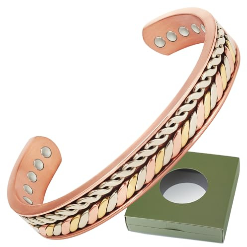 Wollet Bracelet magnétique en cuivre pour femme, bracelet manchette en cuivre avec 10 bracelets magnétiques Guass 3500 avec coffret cadeau (CPB-2796QS-FBM)