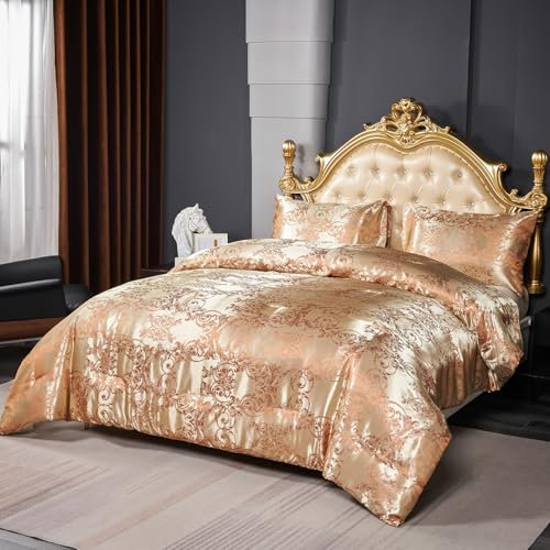 Herside Dark Golden Bedding Set King Luxury Jacquard Duvet Cover Set Baroque Quilt Cover Floral Blossom Printed Country Vintage Gold Bedding Cover Set (230 x 220cm) - 2 Pillowcases