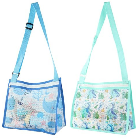 SacJkt Strandtasche, 2 Stück Netztasche mit verstellbaren Schultergurten und Reißverschluss, Netztasche Strand für Urlaub am Meer（Blau + Grün）