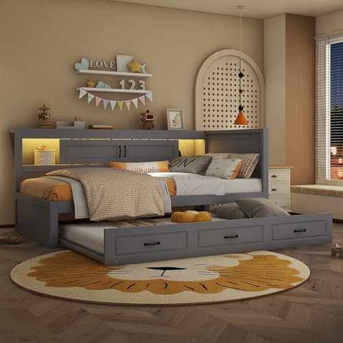 Daybett 90x200 mit LED Beleuchtung und Ausziehbett, Funktionsbett mit Staufach, Steckdose und USB Ladefunktion, Sofabett Jugendbett Schlafsofa Bettgestell Tagesbett Gästebett, ohne Matratze, Grau