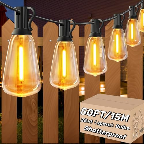 AzureStar Lichterkette Außen Strom 15M LED Outdoor Lichterkette mit 25+1 ST38 IP44 Wetterfest Glühbirne Verlängerbar 50FT Garten Lichterkette Aussen für Balkon,Bäume,Hochzeit,Party,Festival,2700K