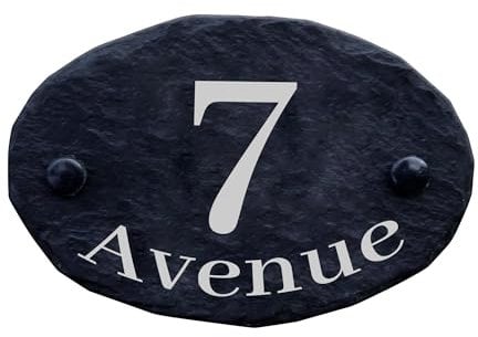 Personalised Slate House Signs, Custom Door Number Plaque, Rustic Black Farmhouse Design, Slate House Numbers for Home, Gate, Porch, Office, Yard & Garden, Fixings & Screws (OVAL 150 x 100 Mm)
