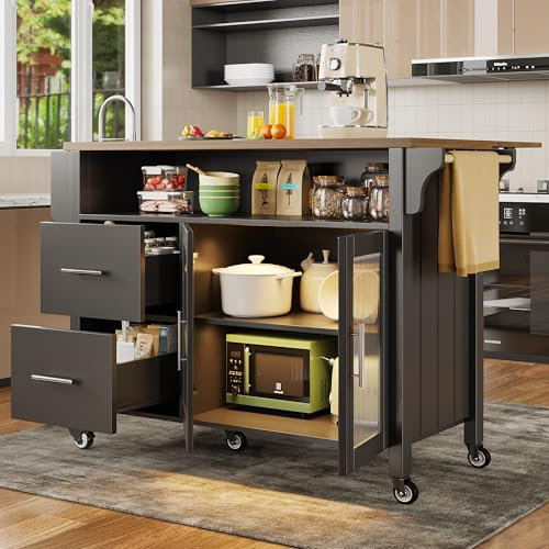 Huayz Carrito de cocina, isla de cocina, carrito de servir con LED y puertas vitrina de cristal, armario de cocina, armario de bufé con cajón y ruedas, con encimera, 139 x 40 - 65 x 94 cm