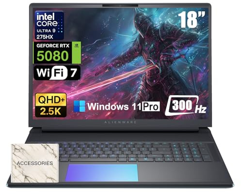 Alienware 18 Area-51 Gaming Laptop - Intel Ultra 9 275HX (24-Core, fino a 5,4 GHz), RTX 5080 GDDR7, 16 2.5K QHD+ 300Hz, 32GB DDR5, 1TB SSD, Tastiera retroilluminata, con unità DVD, Win 11 Pro, Office