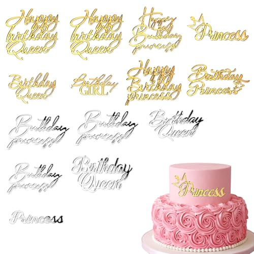 14 Stück Geburtstagskuchen Topper Set - Happy Birthday Queen/Princess/Girl Tortendeko (12 Einzigartige Designs, 2 Wiederholungen)