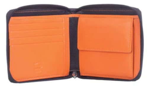 Mala Leather Hudson Zip Around Wallet – RFID Protected Soft Leather Wallet for Men – Coin Pocket, Note Section, 4 Card Slots – Funky Inner Colours, Gift Boxed – 11.5 x 10 x 2 cm (Black/Orange)