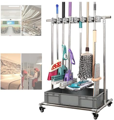 QYDZSHOP Movable Floor Standing Mop and Broom Holder, Stainless Steel Mop Rack, with 6 Spring Clip, 8 Hooks and Plastic Tray Rolling Cleaning Tool Rack Carts for Schools, Hotels, Restaurant