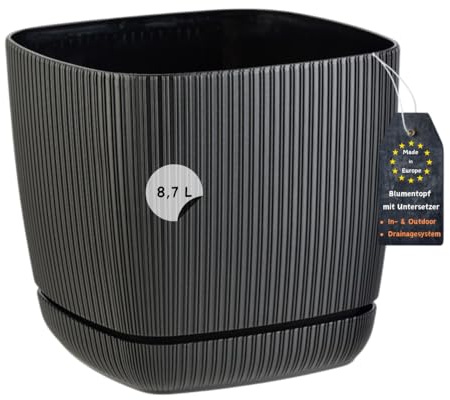 Engelland - 1 x Blumentopf mit Drainagesystem, Untersetzer, Farbe: Schwarz, Rillenoptik, Pflanz-Topf, Kübel, modern, Kunststoff, quadratisch, 24 x 24 cm, 8,7 Liter