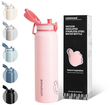 UZSPACE Water Bottle Stainless Steel 316, Drinks Bottle 970ml, Quartz Pink | Leakproof Drinking Bottles for Adults, Double-Walled Metal Water Bottle, Flasks for Hot and Cold Drinks for Outdoors & Sports