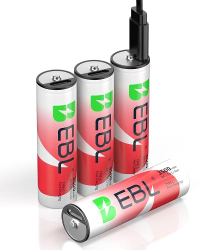 EBL 4 x 1.5V USB-C AA Batterie Ricaricabili Litio, Pile Ricaricabili 3500mWh, 4 in 1 Cavo di Ricarica, 1600 Tech