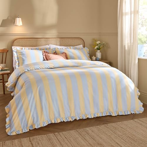 Wylder Birdie Stripe Bettbezug Set – Wendbar Gerüscht Baumwollreich Gestreift Bettwäsche (Zitrone/Himmel - 200x200cm)
