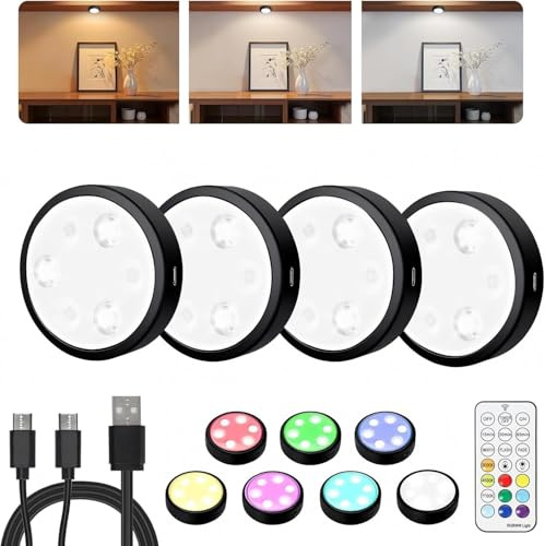 USB Aufladbar LED Spot Akku, 2000mAh Aufladbar Puck Lights mit Fernbedienung, 7 RGB und 3000K/4500K/6000K Vitrinenbeleuchtung, Magnetische Dimmbare Schrankbeleuchtung für Schränke, Küche, Regale