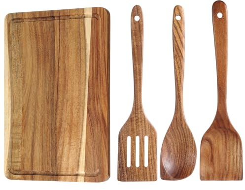 Geiserailie 4 Pezzi Set di Utensili da Cucina in Legno di Teak con Tagliere in Acacia – Paletta Forata, Spatola Piatta e Cucchiaio Angolare, per Uso Quotidiano e Arredo Funzionale della Cucina