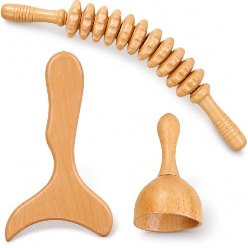 Fascia rulle trä – Gua Sha-stång-set, lymfdränering | Massageskoter, fascia stav i bokträ, anti-celluliter, för rygg och ben, 3-delad inklusive massagekopp, resevänlig