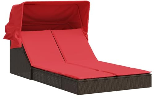 Fisinber Doppel-Sonnenliege mit Sonnendach und Kissen, Polyrattan Gartenliege für 2 Personen, Gartenmöbel mit Verstellbarer Rückenlehne, Sonneninsel für Garten und Terrasse, Braun
