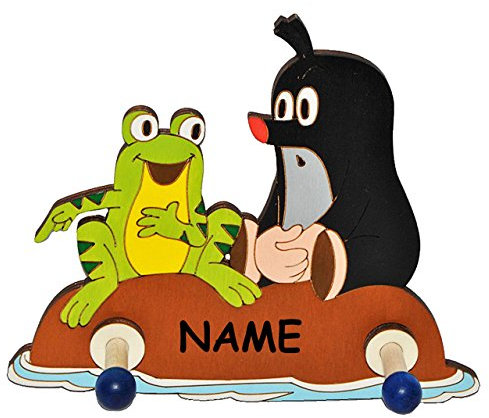 Garderobehaken - der kleine Maulwurf mit Frosch incl. Name - für Kinder mit 2 Haken - Kleiderhaken / Garderobenleiste Kindergarderobe Wandhaken Kinderzimmer Garderobe Wandgarderobe - Tier Maulwürfe