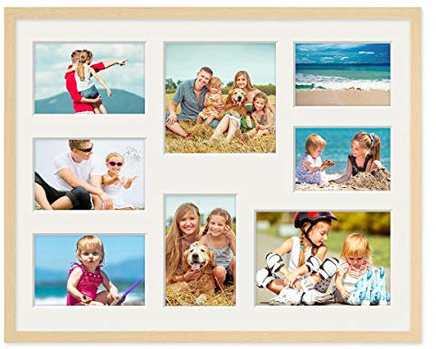 PHOTOLINI Bilderrahmen 40x50 Holz MDF Natur, Foto Bilderrahmen 50x40 mit Passepartout für 8 Bilder, bruchsicheres Acrylglas, Rahmen 40x50 zum Aufhängen mit Zubehör - picture frames für Fotos & Poster