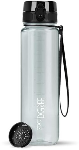 720°DGREE Botella Agua 1 Litro “uberBottle“ - Tamiz-Fruta, crystalClear - Sin BPA, Prueba de Fugas, Reutilizable - Cantimplora, Water Bottle ideal para Deporte, Fitness, Gimnasio, Senderismo, Ciclismo