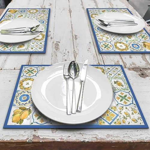 CREARREDA Platzsets Americana Lemon, 4er Set Frühstücksbrettchen aus PVC, 48x33 cm, rutschfest, waschbar, schmutzabweisend, hitzebeständig, Made in Italy