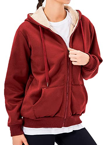 LBL Veste Polaire Femme Chaud Doublure Polaire Zippée à Capuche Sweat-Shirt Manches Longues pour Hiver Bordeaux S