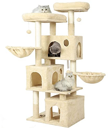 MSmask Kratzbaum für große Katzen, Katzenbaum mit 2 Plattformen und 3 Katzenhöhlen, Stabiler Kletterbaum (156CM Beige)