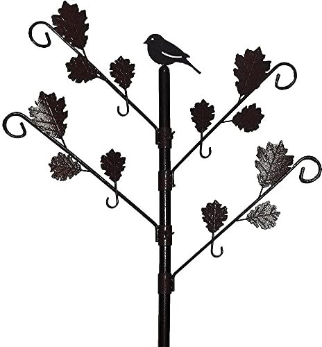 Garden Mile Wild Bird Feeder Pole Station with Iron Leaves and 4 Adjustable Branches - Waterproof Brown Rustic Vintage Style Hammertone Finish Bird Feeding Station for Hanging Feeders - 2m