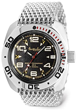 Vostok Amphibian Automatikuhr, selbstaufziehend, russische Taucher-Armbanduhr, WR 200 m, Amphibia 710335, schwarzes Zifferblatt, 40 mm, mechanische Uhr, leuchtende Punkte, mesh, Taucher