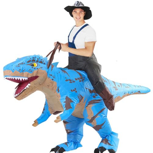 Rafalacy Inflatable Dinosaur Costumes Adult Size T-REX Ride on Halloween Costume Funny Dino Blow up Costume (Blue)