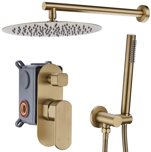 Brushed Gold Brass Bathroom Round 12 Inch Diameter Brass Shower System Tap Set with Concealed 2-Way Diverter Mix Valve Faucet Kit