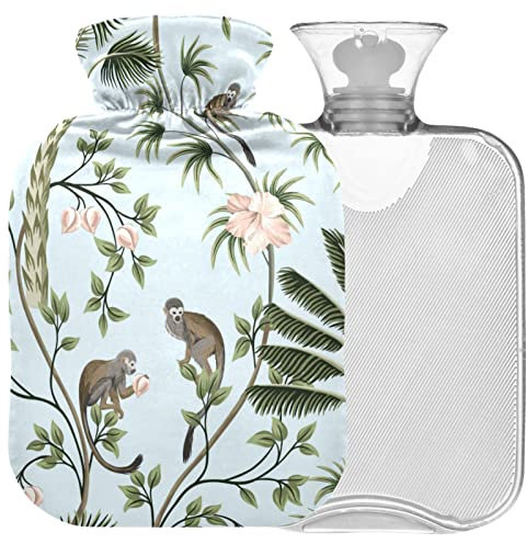 Naanle Palme Affe Wärmflasche mit Bezug Transparente Warmwasserflasche 1L Wärmflasche für Bett Handfüße Wärmer Schmerzlinderung Wärme- und Kältetherapie