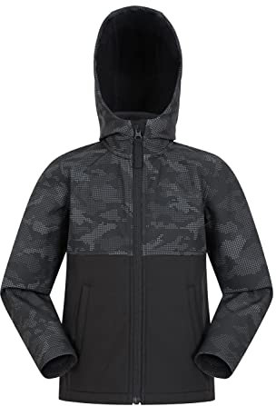 Mountain Warehouse Exodus Wasserdichte Windjacke Kinder Softshell - Leichte, Atmungsaktive Regenjacke, Wasserfeste Jacke Schwarz-Camouflage 116 DE (5-6 Jahre)