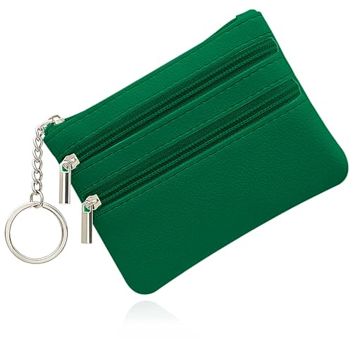 SENLINLU Women's Genuine Leather Coin Purse, Change Wallet, Mini Pouch Change Wallet, Zipper Mini Cash Wallet with Key Ring, Green